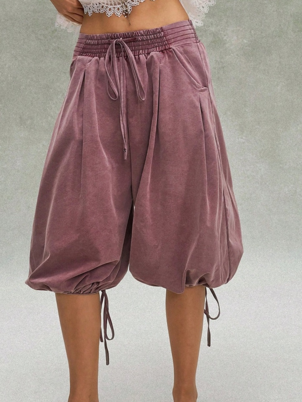 Boho Stretchy Waist Drawstring hem Balloon Wide leg Cropped Cargo Pants - Picture 5 of 7